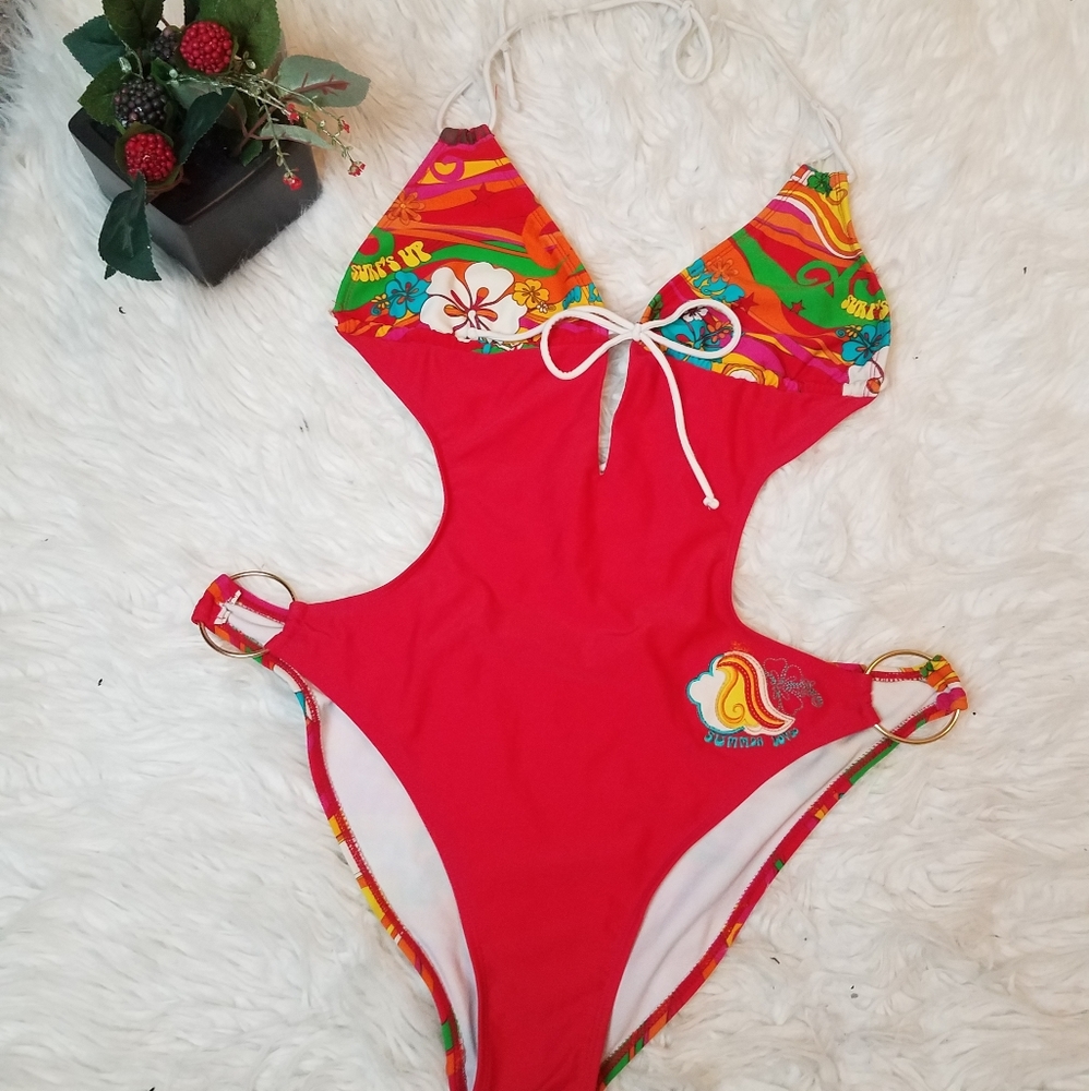 BATHING SUIT ORANGE HALTER TIE SIZE M